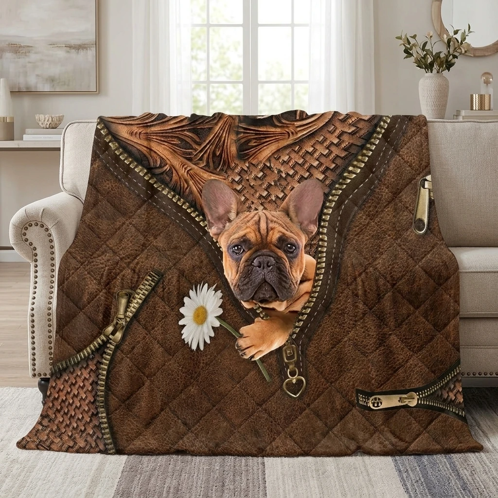 1PC Vintage Brown Leather Style French Bulldog Thickened Flannel Blanket, Cozy Fleece Throw, Perfect Gift for Adults Boys Girls