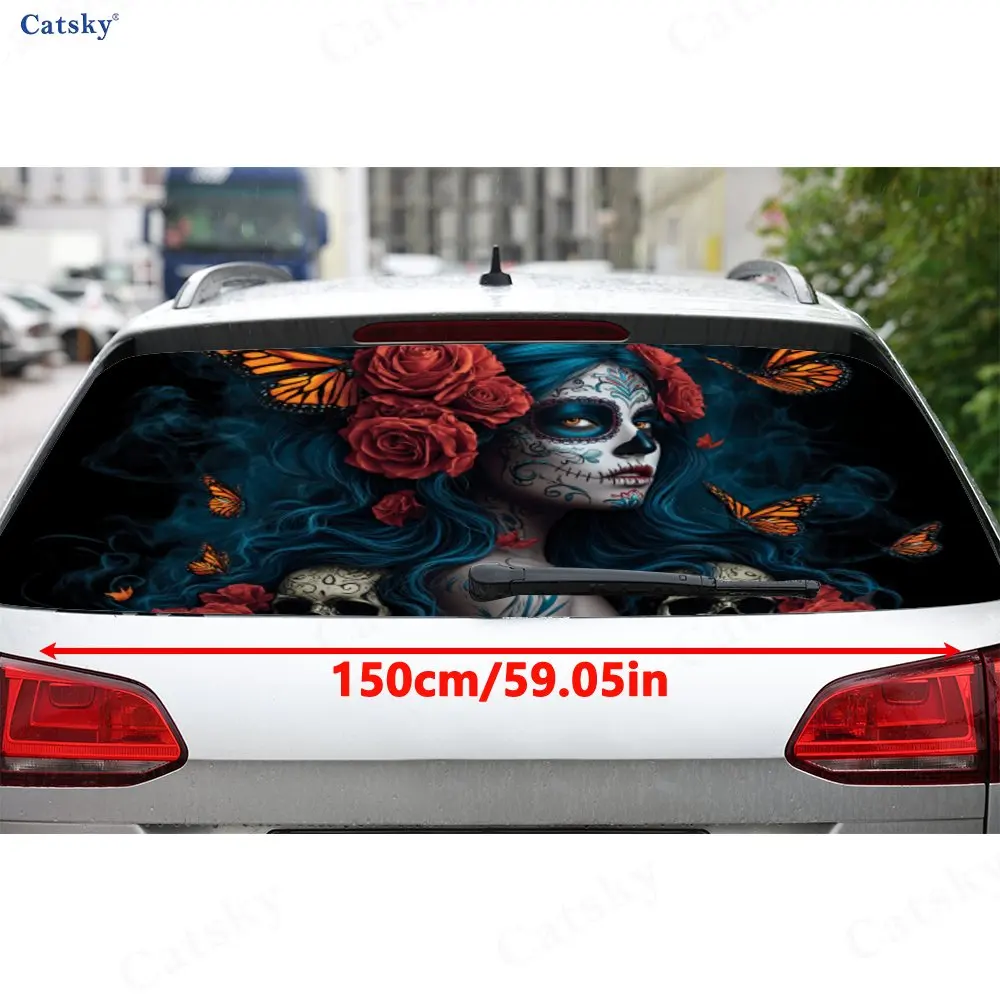 Day of the Dead Makeup Lady PVC Perforated Car Vinyl Wrap, Durable Car Rear Windshield Sticker, Waterproof Car Rear Window Decal