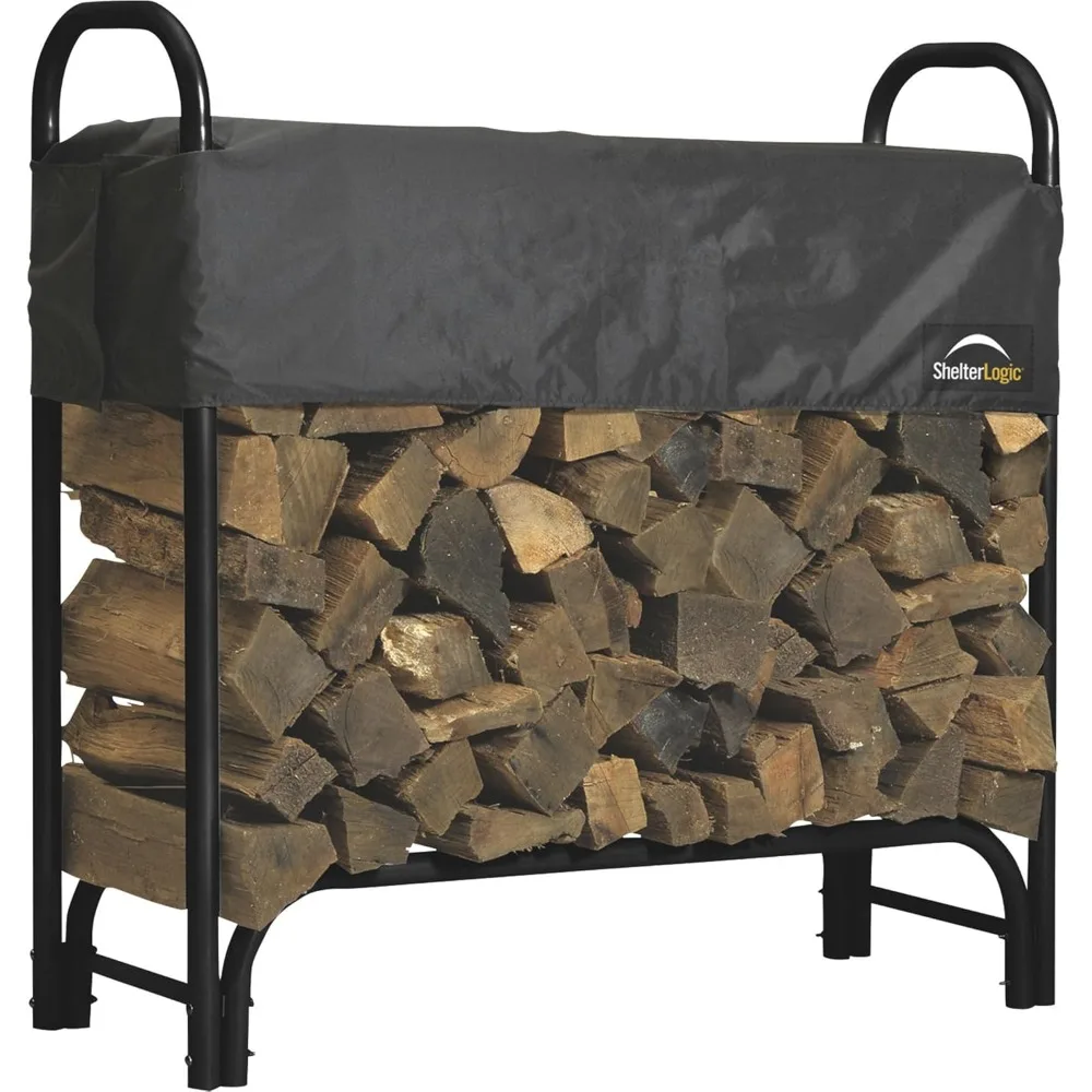 4' Adjustable Heavy Duty Outdoor Firewood Rack with Steel Frame Construction and Water-Resistant Cover