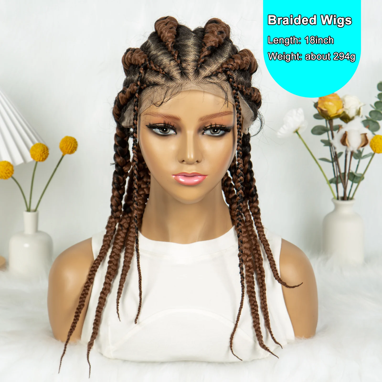 KIMA Synthetic Short Cornrow Braided Wigs Pigtails Full Lace Wig Stitch Box Braided Wigs with Baby Hair for Black Women