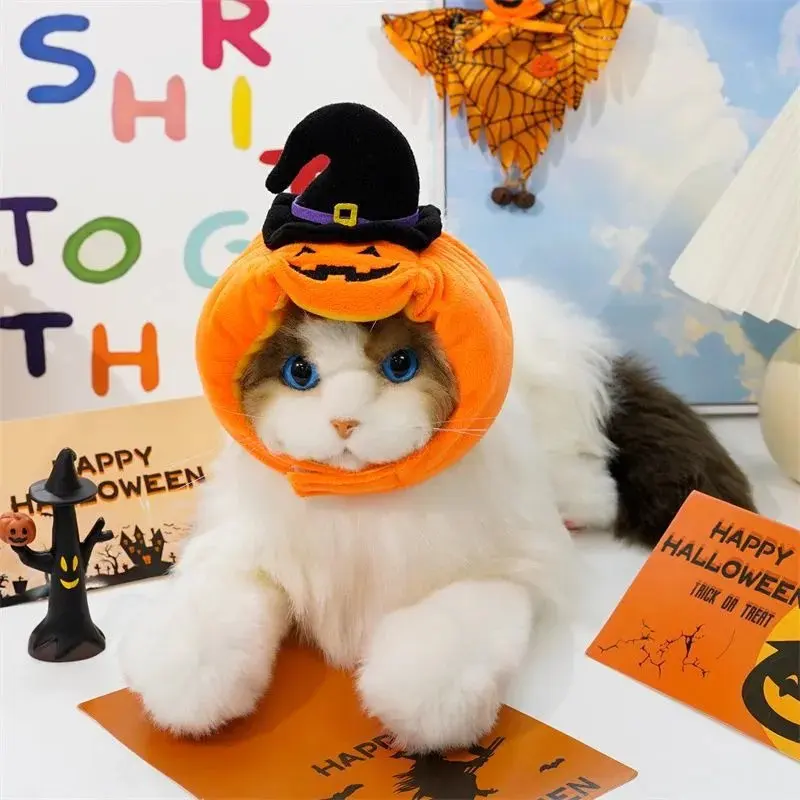 Halloween Cat Cap Pumpkin Plush Head Cover Cute Cat Dog Woven Warm Headdress Pet Hat Kitten Puppy Cosplay Costume Accessories