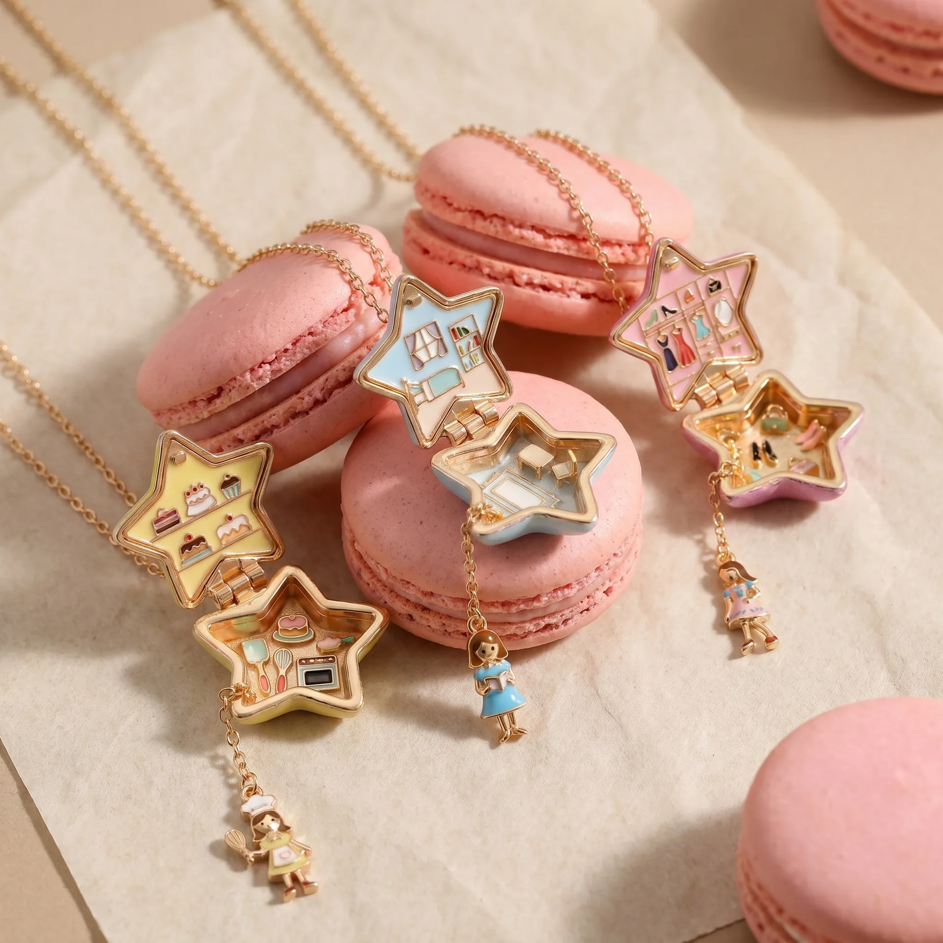 Colors Gold Opening Closing Phase Box Jewelry Pendant Necklace For Women's Pentagram Star Cute Interesting Design Gift Necklace