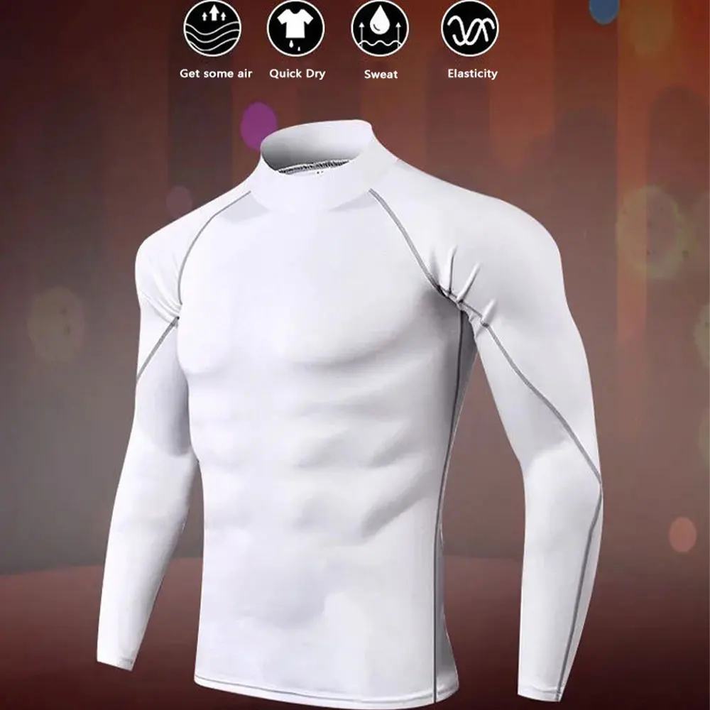 2-Piece Men's Workout Compression Shirt Turtleneck Long Sleeve Rash Guard Gym Base Layer Athletic Undershirt Gear Sports Shirt