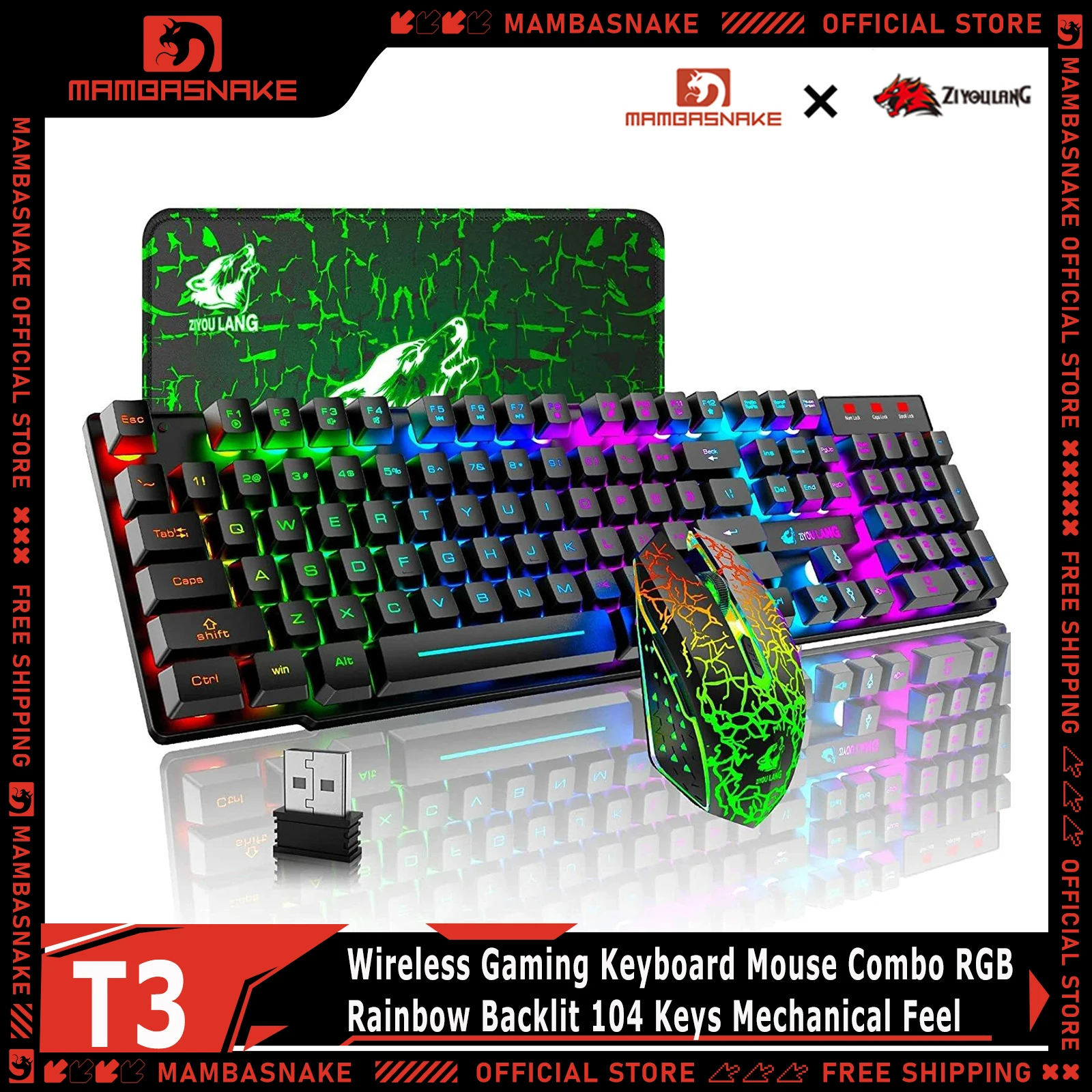 MAMBASNAKE x ZIYOULANG T3 Wireless Gaming Keyboard Mouse Combo Rechargeable RGB Rainbow Backlit 104 Keys Mechanical Feel For PC