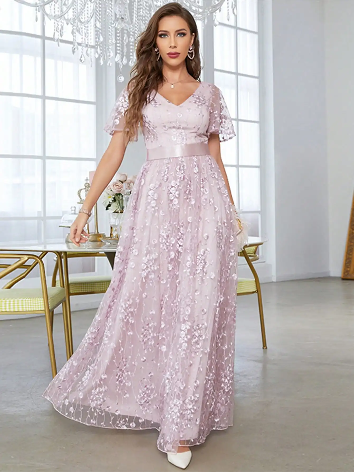 Mgiacy V-neck Romantic embroidered lace flared sleeves full skirt Evening gown Ball dress Party dress Bridesmaid dress