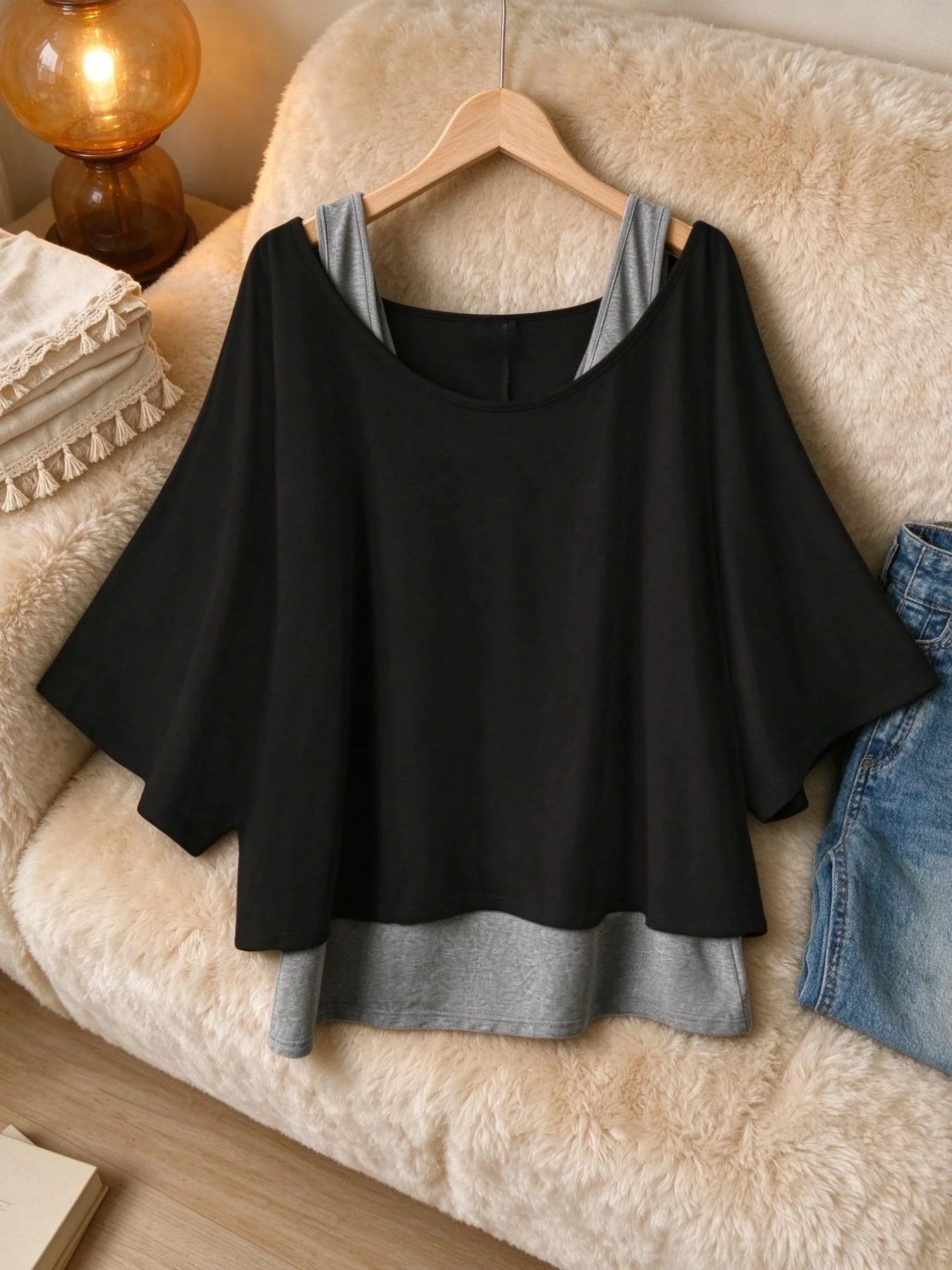 Plus Size Women 2 Piece Layered Look Scoop Neck Dolman Sleeve Loose Top with Vest Y2K Casual Xmas Party Shirt