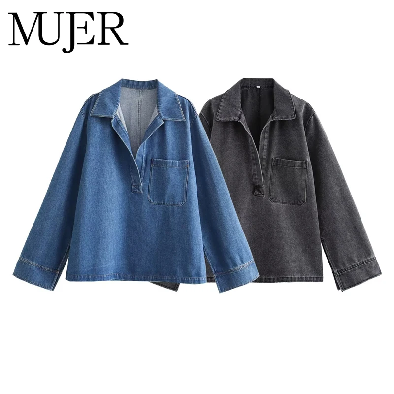 

MUJER 2025 джинсовые блузки для женщин, синие джинсы, повседневные блузки, женские рубашки и блузки с длинными рукавами, женская уличная куртка, женская