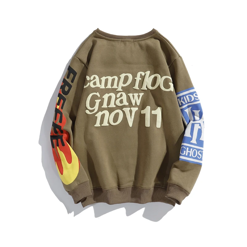 Sudadera con capucha de lana para hombre y mujer, suéter de cuello redondo con estampado de llamas y letras Retro Harajuku, ropa de calle de terciopelo