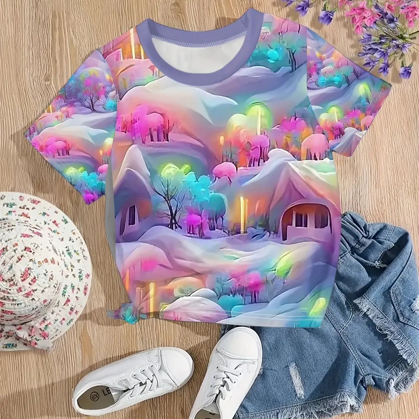 T-Shirt à Manches Courtes et Col Ras du Cou pour Enfant Fille, Vêtement d'Extérieur Décontracté avec Impression Graphique 3D de Maison de Bonbons, Été