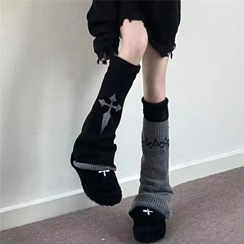 1 pair of punk cute y2k reversible women's calf pile socks for autumn and winter, funny and warm wide knit jk leg covers