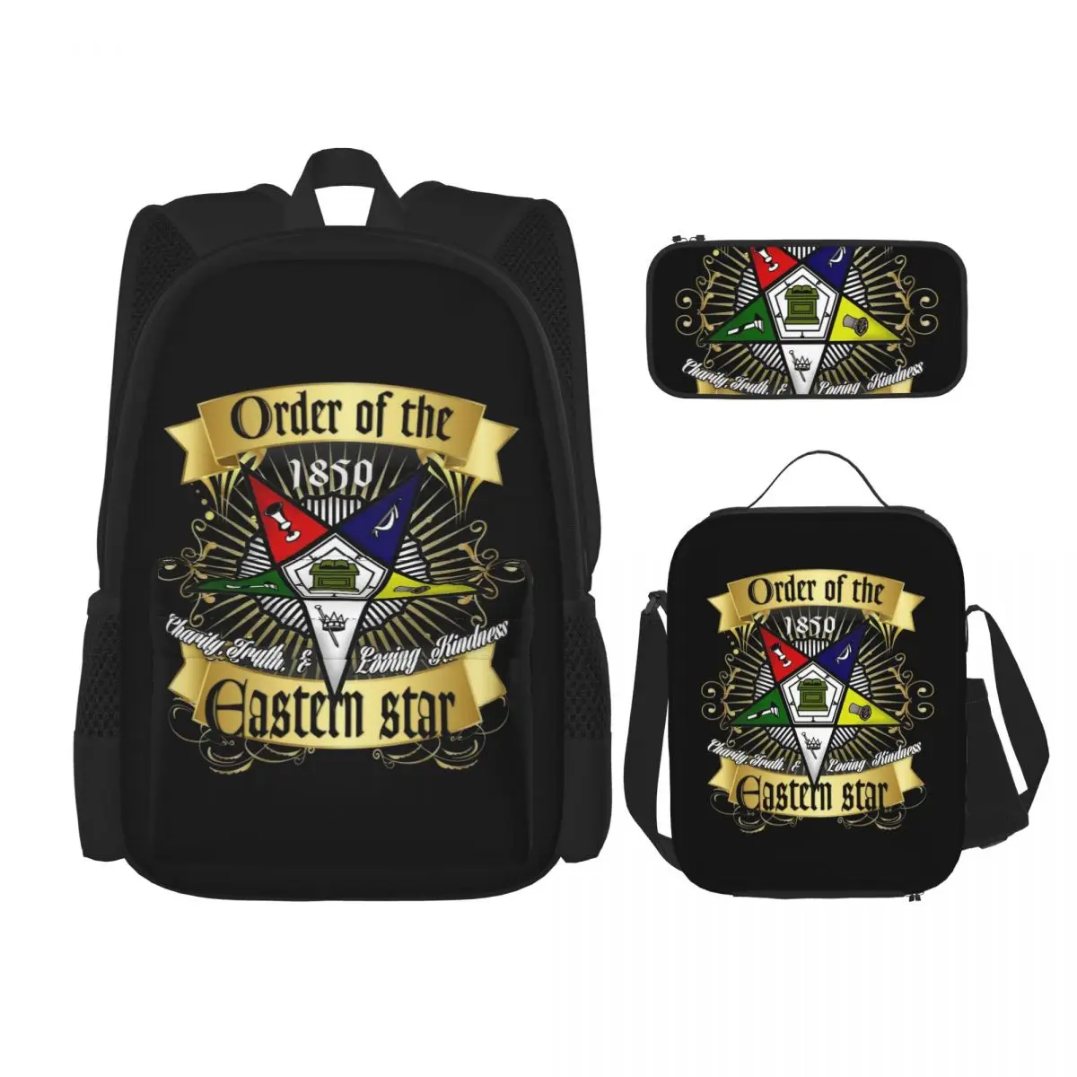 OES The Easttern Star Logo Sistar الماسوني حقائب الظهر بنين بنات حقيبة الكتب الحقائب المدرسية حقيبة الغداء حقيبة القلم ثلاث قطع مجموعة