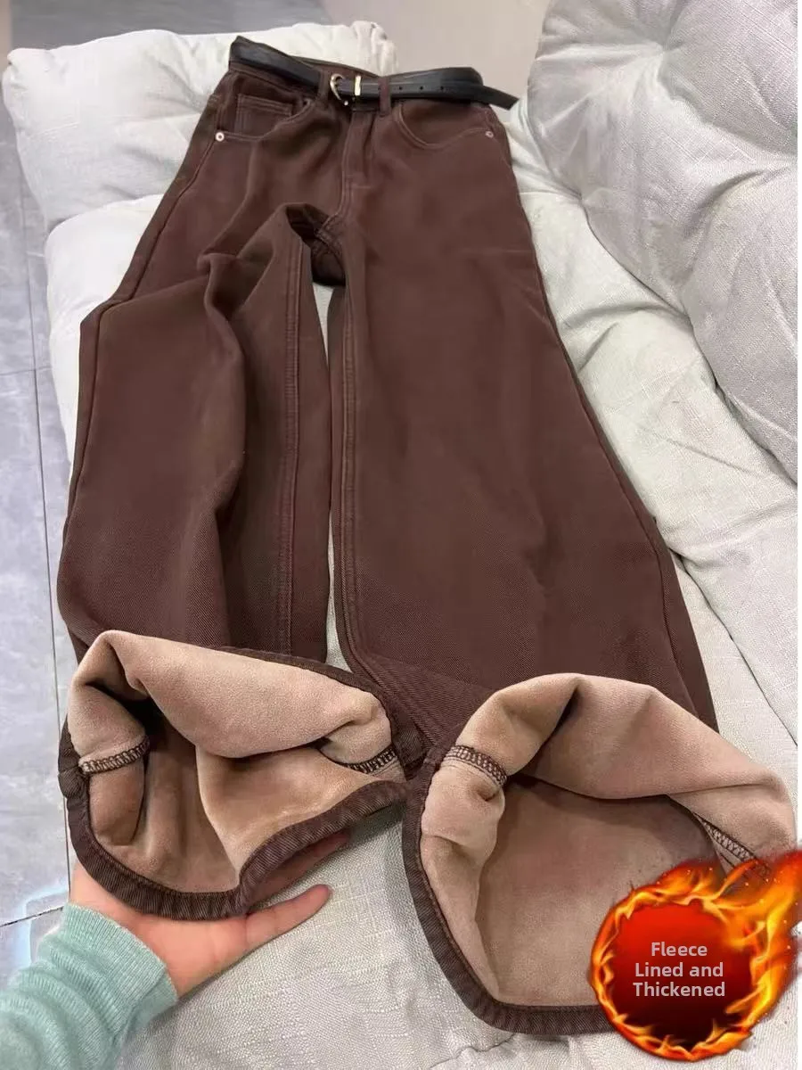 

plus Size Women's Fleece Lined Thick Wide Leg Jeans High Waist Straight Cut Trousers Autumn Winter Loose Fit Denim Pants