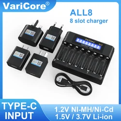 VariCore ALL8 charger, 8-slot high-speed LCD AA/AAA charger, suitable for 1.2V Ni-MH 1.5V/3.7V Li-ion rechargeable batteries