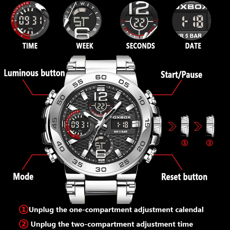 LIGE Dual Display Watch Men Fashion Military Waterproof Quartz Watches For Men FOXBOX Top Brand Luxury Chronograph Montre Homme