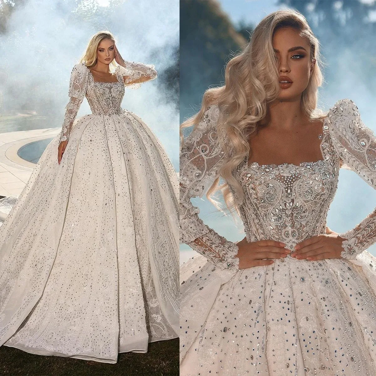 Luxury Ball Gown Wedding Dresses Square Neck Long Sleeves Crystal Pearls Applique Lace Bridal Gowns Sweep Train Vestido De Novia