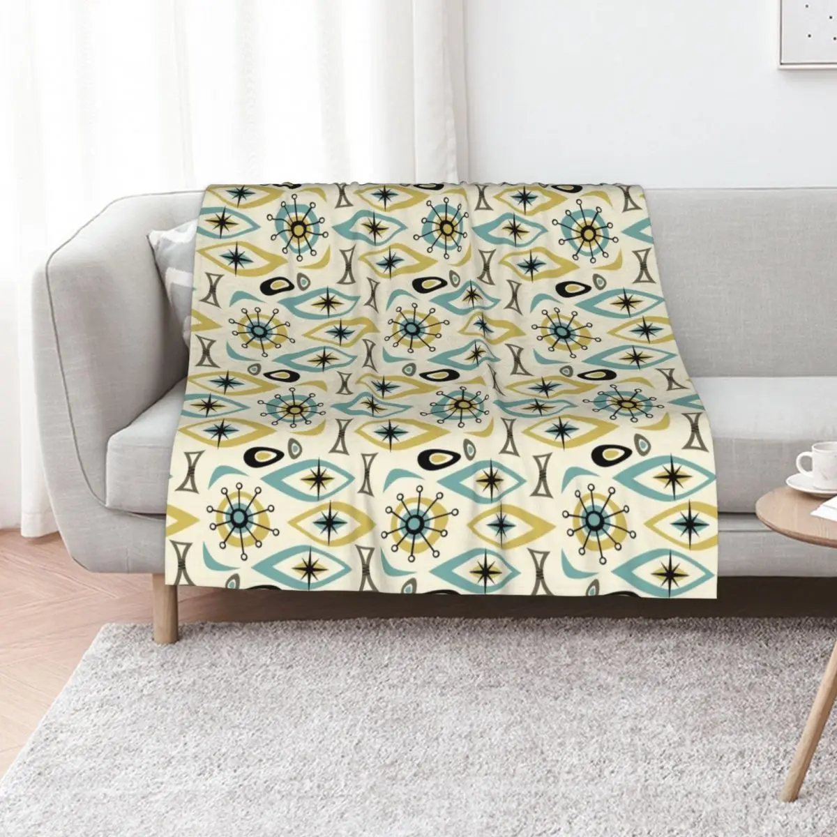 Mid Century Shapes in Blue and Gold Throw Blanket Sofas Blankets For Bed For Decorative Sofa Travel Hairy Blankets