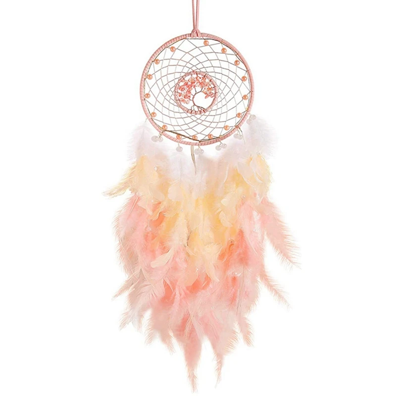 

Dream Catcher Hanging Handmade LED Lights Pink Feather Healing Crystals Dreamcatchers