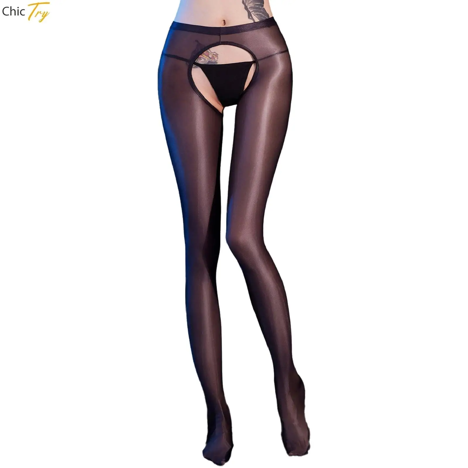 

Womens Tempting Sheer Pantyhose Tights Elastic Waist Open Crotch Stretchy Bodystockings Leggings for Raves Nightwear Stockings