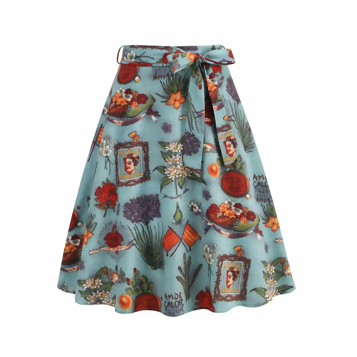 กระโปรงทรงเอเอวสูงแฟชั่นพร้อมเข็มขัดและซิปหลัง ลายดอกไม้ ความยาวระดับเข่า สไตล์เกาหลี ผ้าโพลีเอสเตอร์ผสมคอตตอน