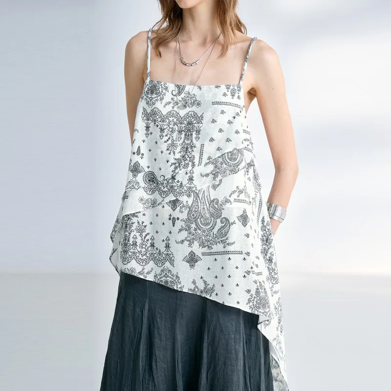 Chic Print Asymmetrical Diagonal Camisole Top for Women Vacation Boho-Style Flowy Backless Tops Ramie Lyocell Summer Tank Top
