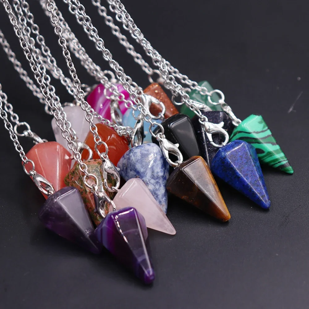 Natural Stone Cone Pendant Quartz Agate Pendulum Biopositioning Divination Necklace Natural Gem Aura Crystal Pendant Jewelry