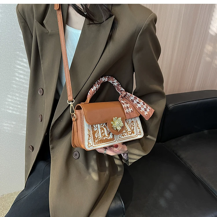 Scarves Square Crossbody Bag For Women Luxury Designer Brand New High Quality PU Female Handbag Black Brown Shoulder Bag