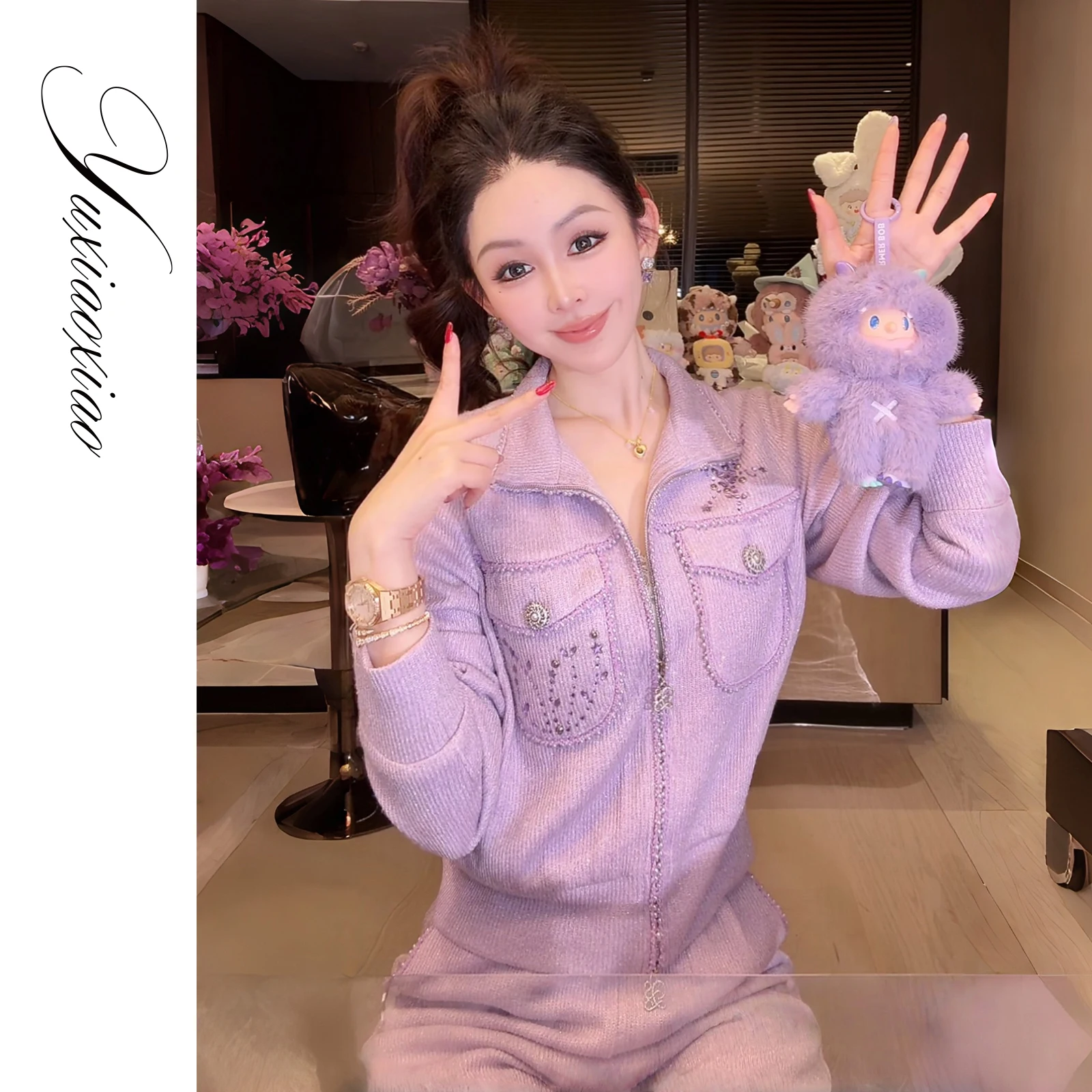 

XiaoXiao Yu Lavender Sweetheart Patterned Sequin High-Quality Blend Shirt with Bright Thread Collar Stand Straight Leg Pants