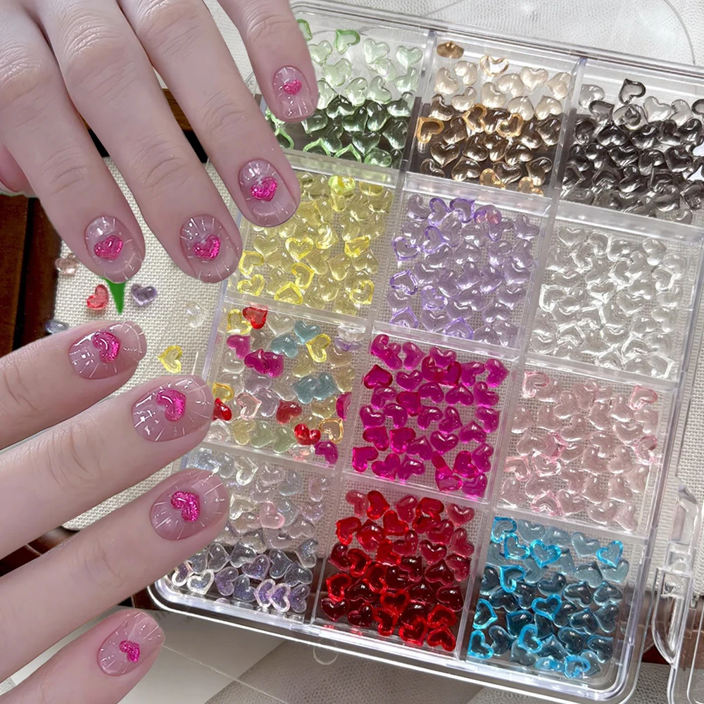 

12Grids 3D Ice-Transparent Heart Love Nail Rhinestones 5x5mm Mixed Mini Crystal Glitter Love Heart Nail Charms DIY Resin NailDec