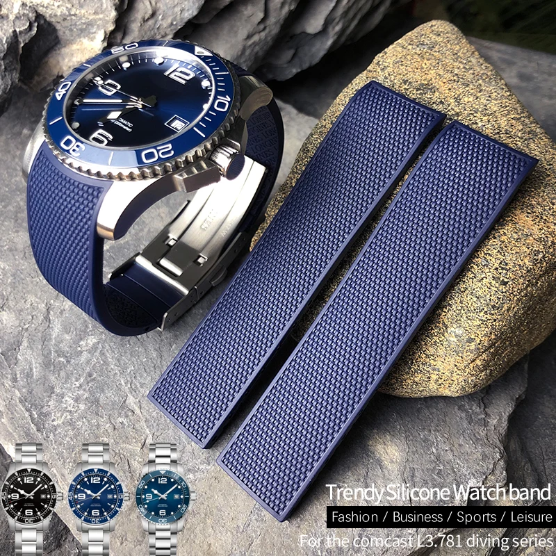 19mm 20mm 21mm Rubber Silicone Watch Strap Black Blue Watchband for Longines Master Conquest HydroConquest L3 Series Watch