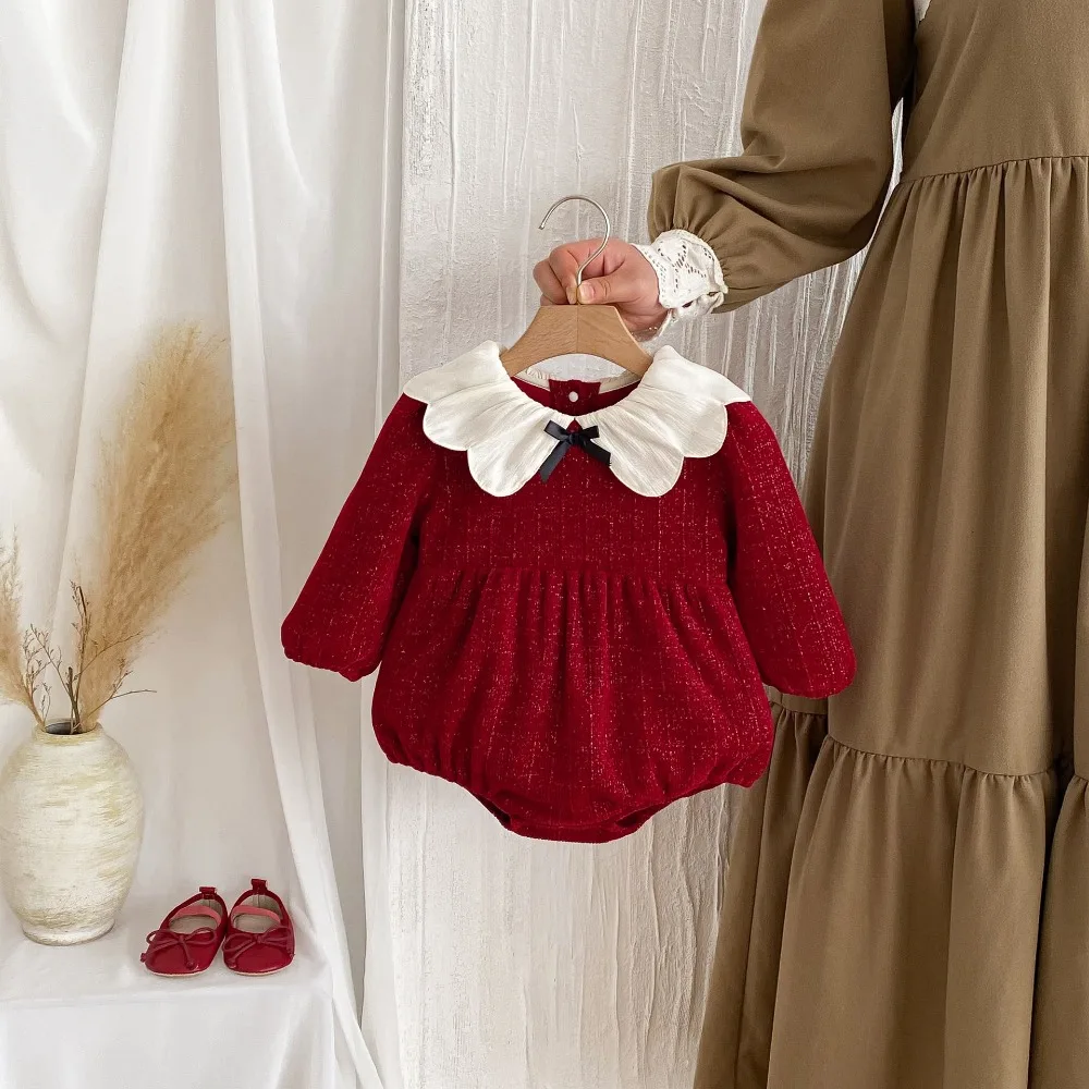Princess Baby Girl Romper 0-2Years Cute Newborn Long Sleeve Flower Collar Bow Bodysuit Birthday Party Outfits Autumn Clothes
