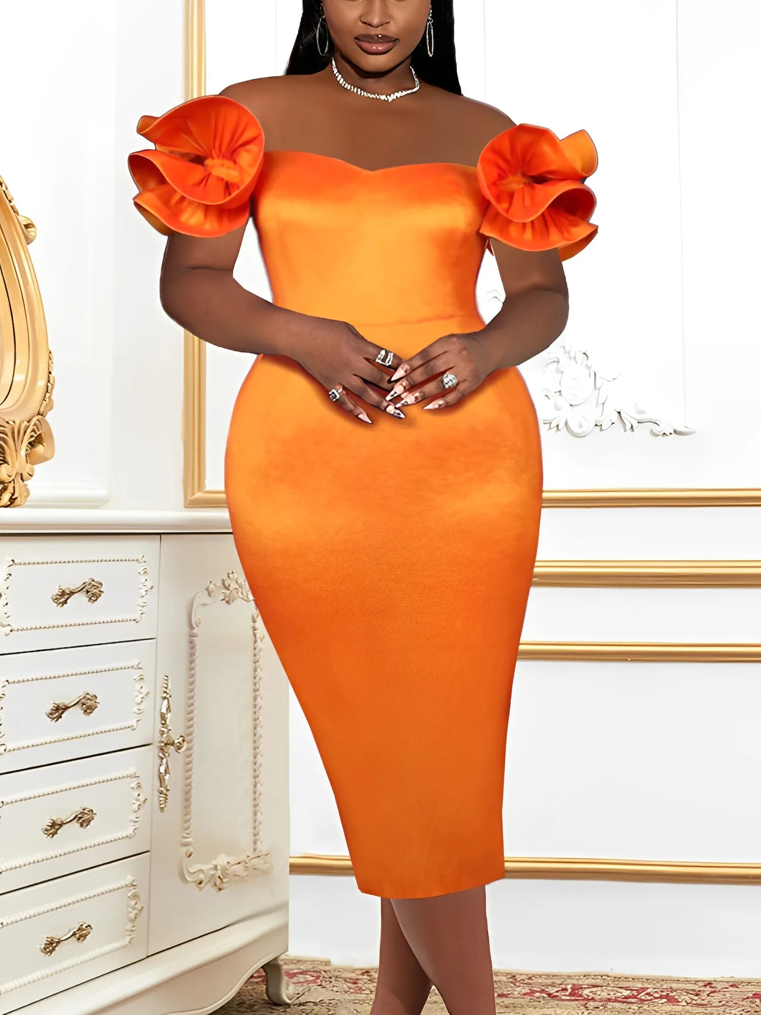 Sexy Strapless Dresses Women Wedding Party Floral Seeve Midi Robes Bodycon Birthday Gowns Off Shoulder Orange Big Size Vestidos