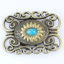 Hebilla de cinturón de cuero para mujer, hebilla de cinturón de cuero, estilo retro, bronce, flores y gemas, 3,8 cm