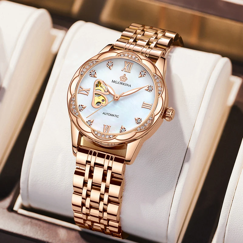 Automatic Women Watch Mother of Pearl Cutout Dial & Rhinestones Luxury Rose Gold Stainless Steel Band Lady Mechanical Wristwatch