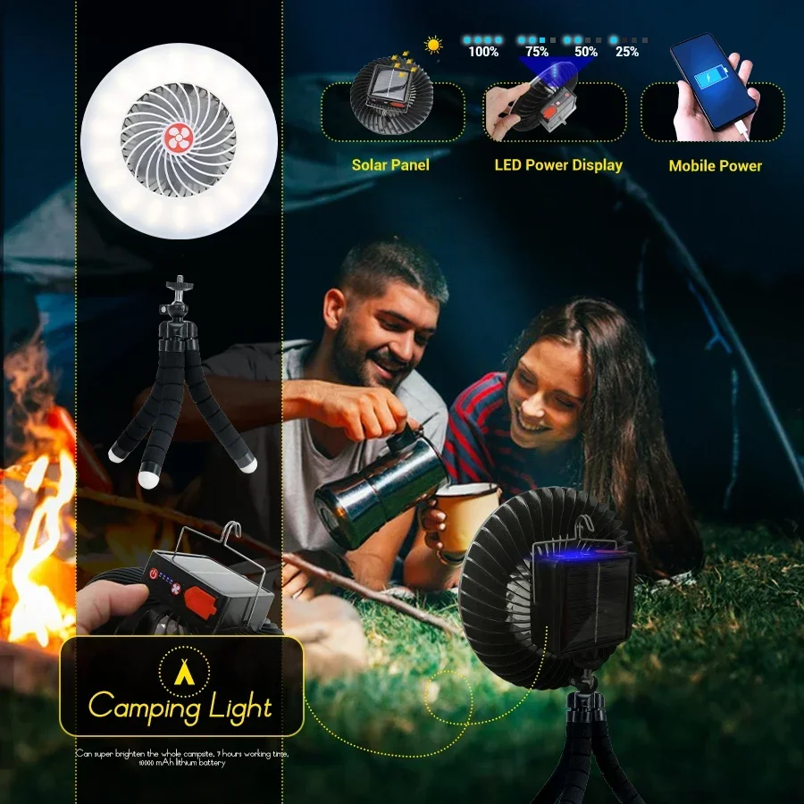 Multifunctional Camping Fan Light Solar And USB Charging Portable Wireless Ceiling Electric Fan with Power Bank LED Light Tripod