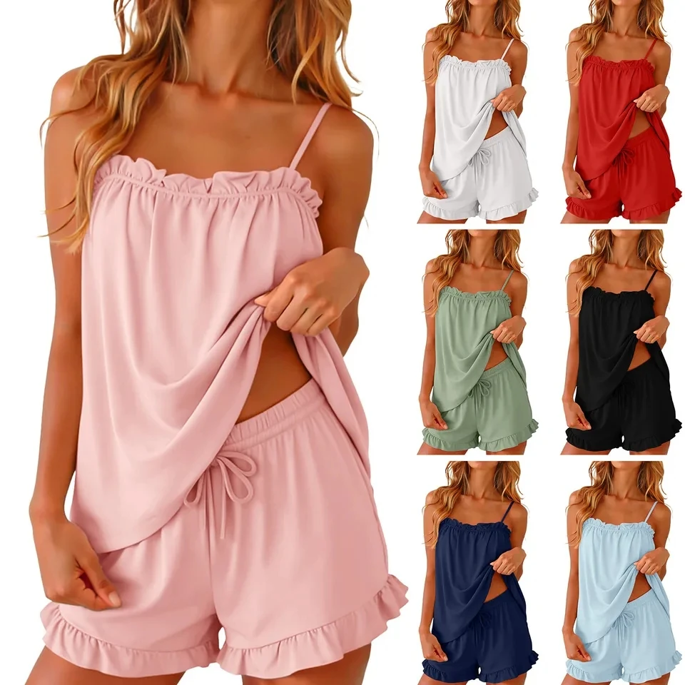 

Women Summer Pyjamas Shorts Sets Suspenders Sleeveless Tops And Ruffle Shorts 2 Piece Sets Casual Soft Sleepwear Loungewear