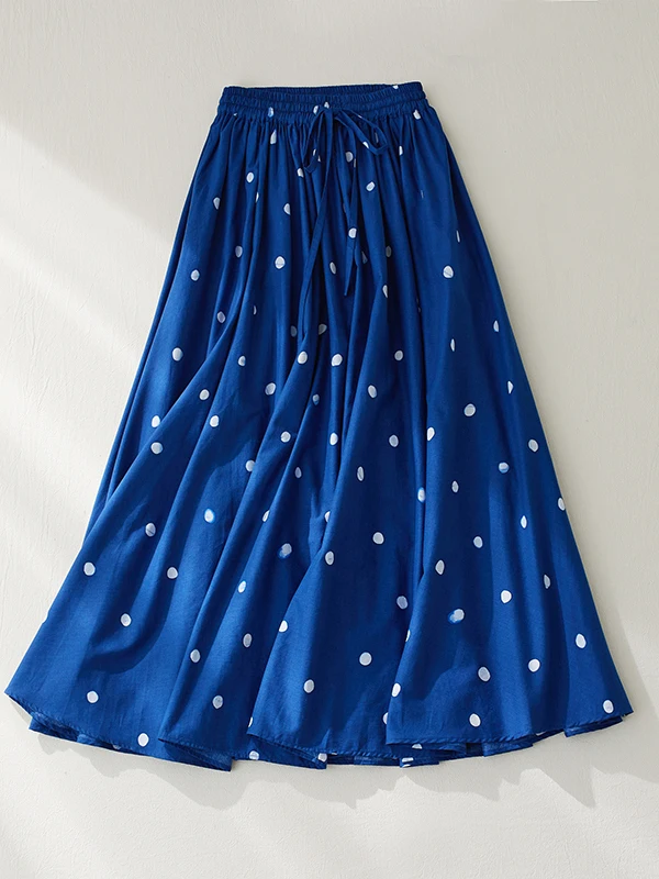 Retro azul bolinhas cintura alta leve saia feminina a linha midi dr dstring elástico emagrecimento solto verão faion
