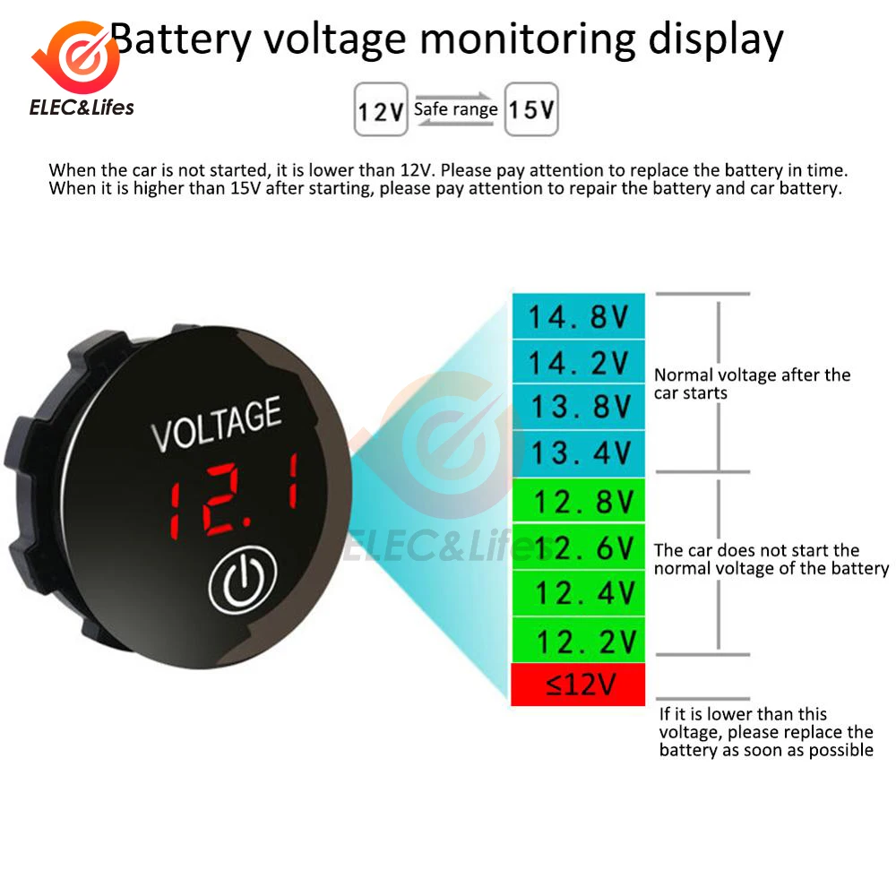 Voltmetro rotondo DC 6V-36V Automotive moto LED Panel voltmetro digitale Display tensione con chiave interruttore tattile