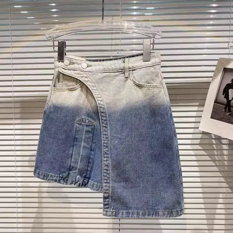 Saia curta de jeans feminina, Senso Design Feminino, Anti-Exposição, Gradiente, Irregular, Cintura alta, Fino, Verão, Novo, 2022