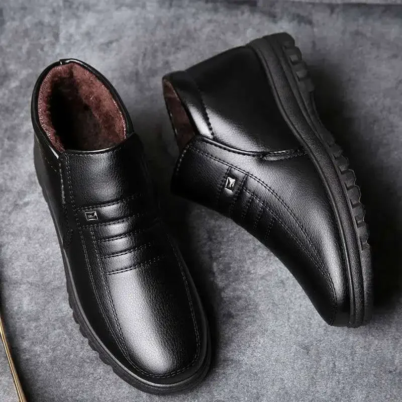 Winter Cotton Shoes Men Waterproof Men's Casual Leather Shoes Flannel High Top Slip on Male Rubber Warm Casual Shoes for Mens