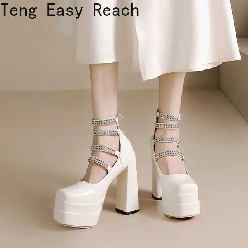 New Platform Chunky Women's High Heels Fashion Square Head Nude with Rhinester Pump Elegant Women's Party Wedding Shoes