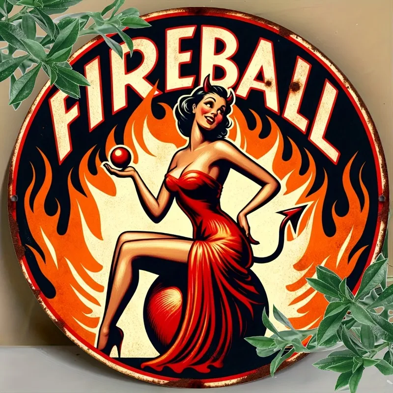 Fireball Vintage Round Tin Sign, Metal Wall Art Foil Engraving, Home Bedroom Decor, Classic Bar Theme, Gift for Friends, 1 Piece
