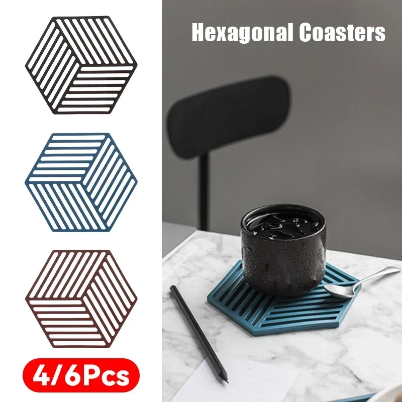 4/6Pc Silicone Trivet Mat And Hot Pads Hexagon Heat Resistant Multifuntion Kitchen Tool Counter Mat Silicone Placemat Pot Holder