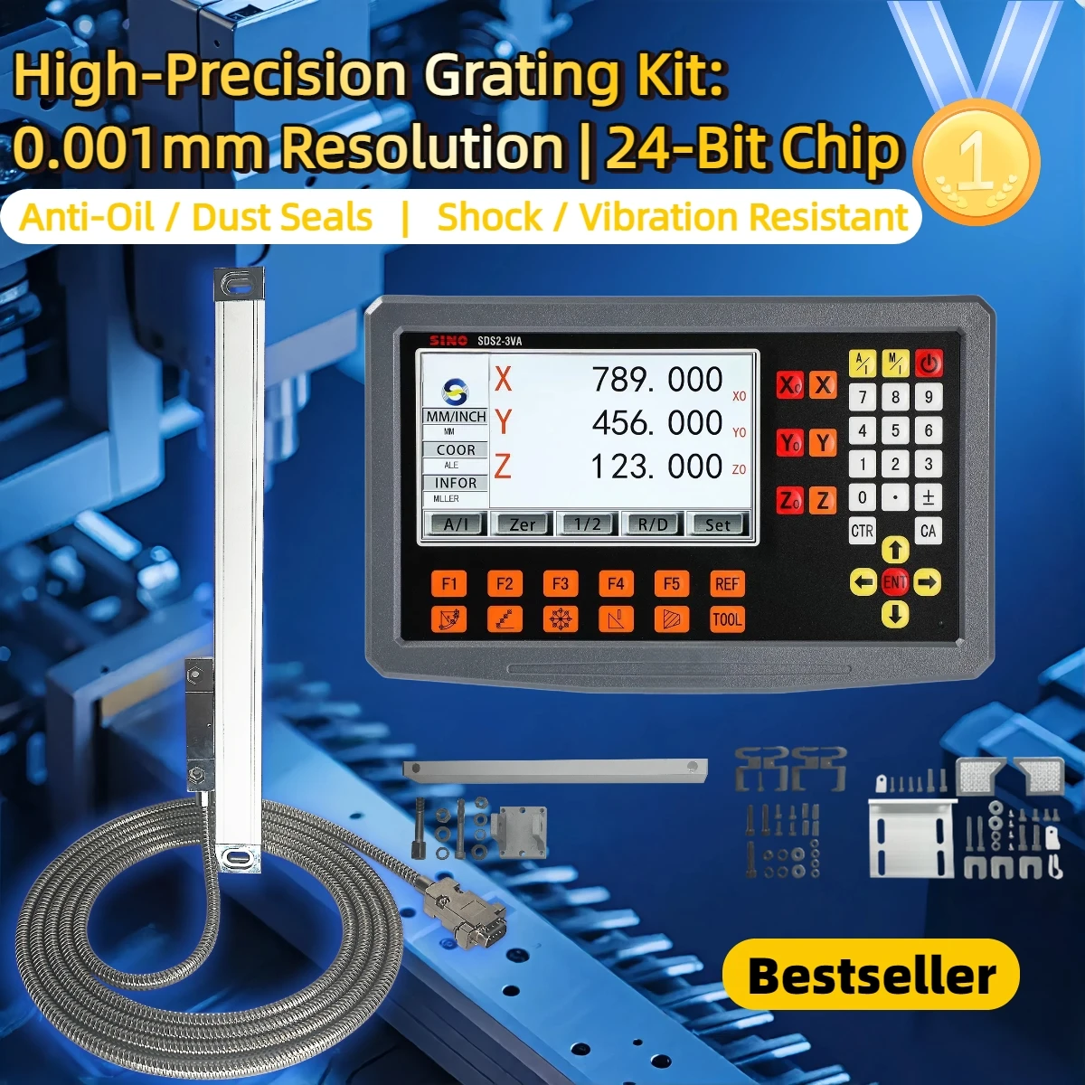 

High Accuracy 3 Axis LCD DRO Set Digital Readout and 3 Pieces 0-1000mm 5um 1um Linear Scale Encoder Sensor Grating Ruler
