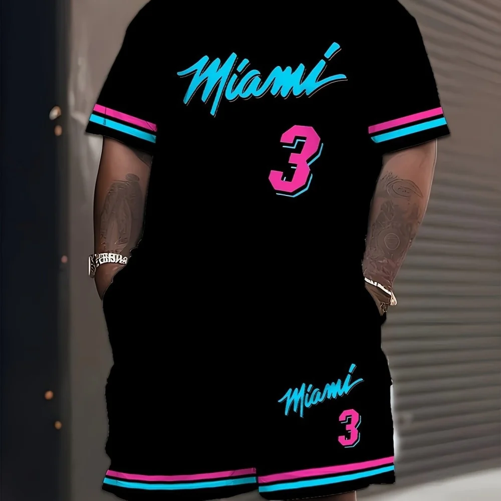2025 nuevos hombres MIAMI NO.3 estampado pantalón corto Casual manga camiseta pantalones cortos conjunto adulto baloncesto Jersey jogging traje 2 piezas conjunto ropa