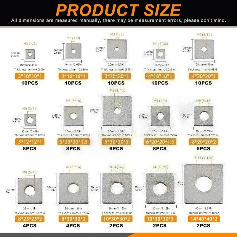 100Pcs/box 15 Sizes M3-M14 Stainless Steel Square Plate Washers Assortment Kit Square Bearing Flat Washer Fastener