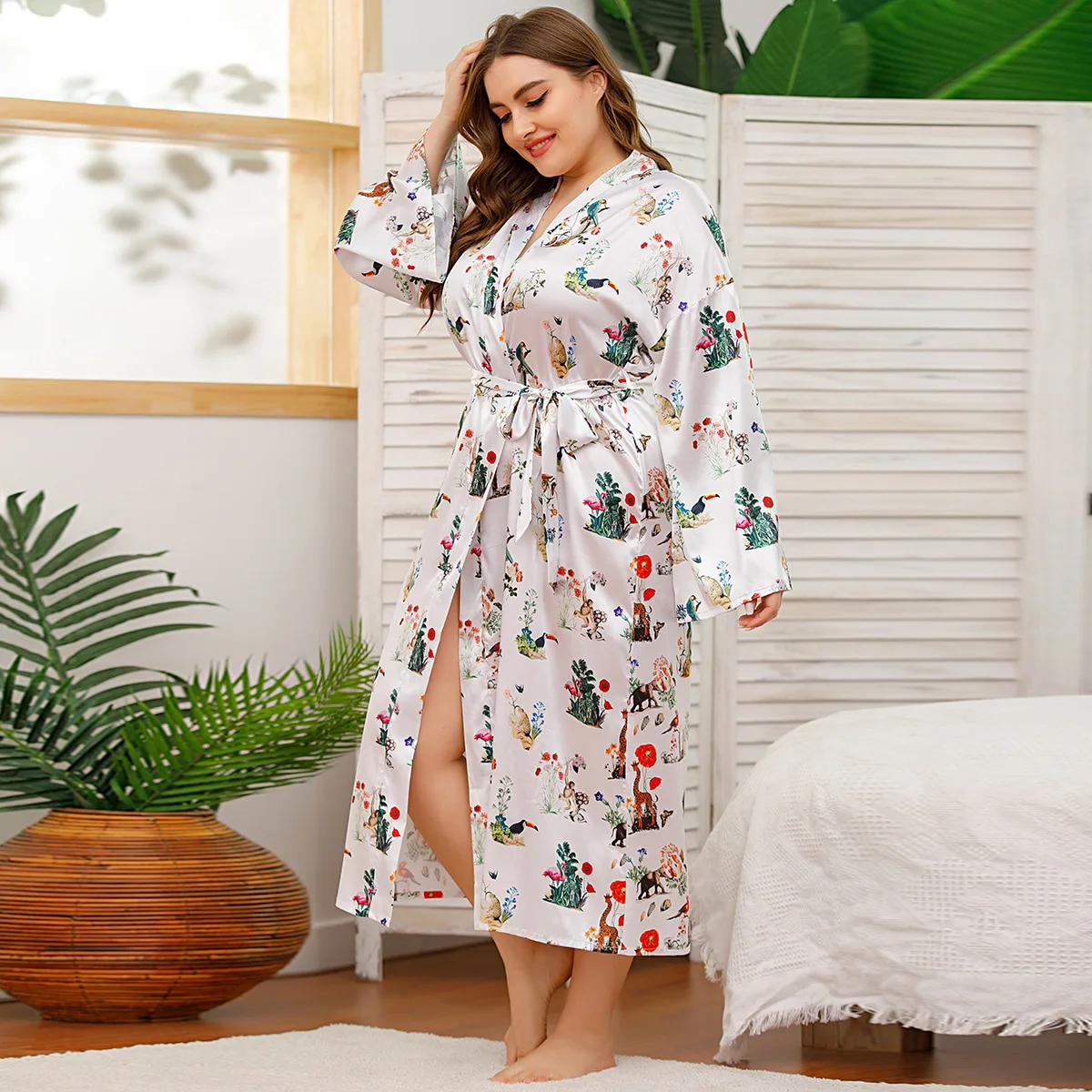Krismile Print Plus Size Robe Woman Spring Autumn New Loose Fit Comfort Long Sleeve Sleepwear Lace Up Bathrobe Pajama Lady