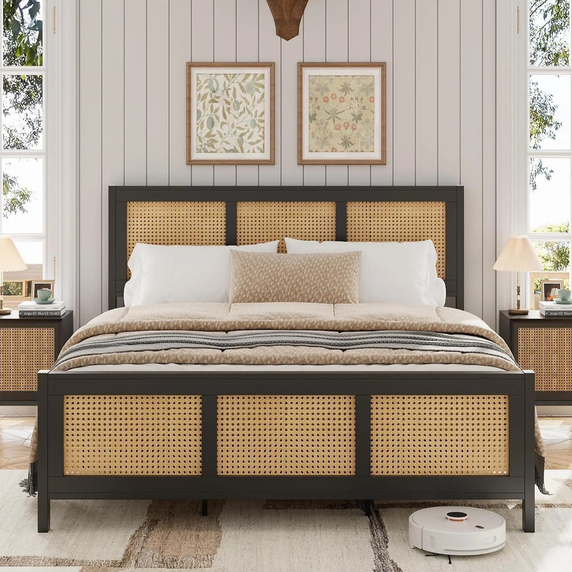 Boho White Full Size Rattan Bed Frame with Platform Headboard – Sturdy Metal Slats, Noise-Free, No Box Spring Needed – Modern Bedroom Furniture