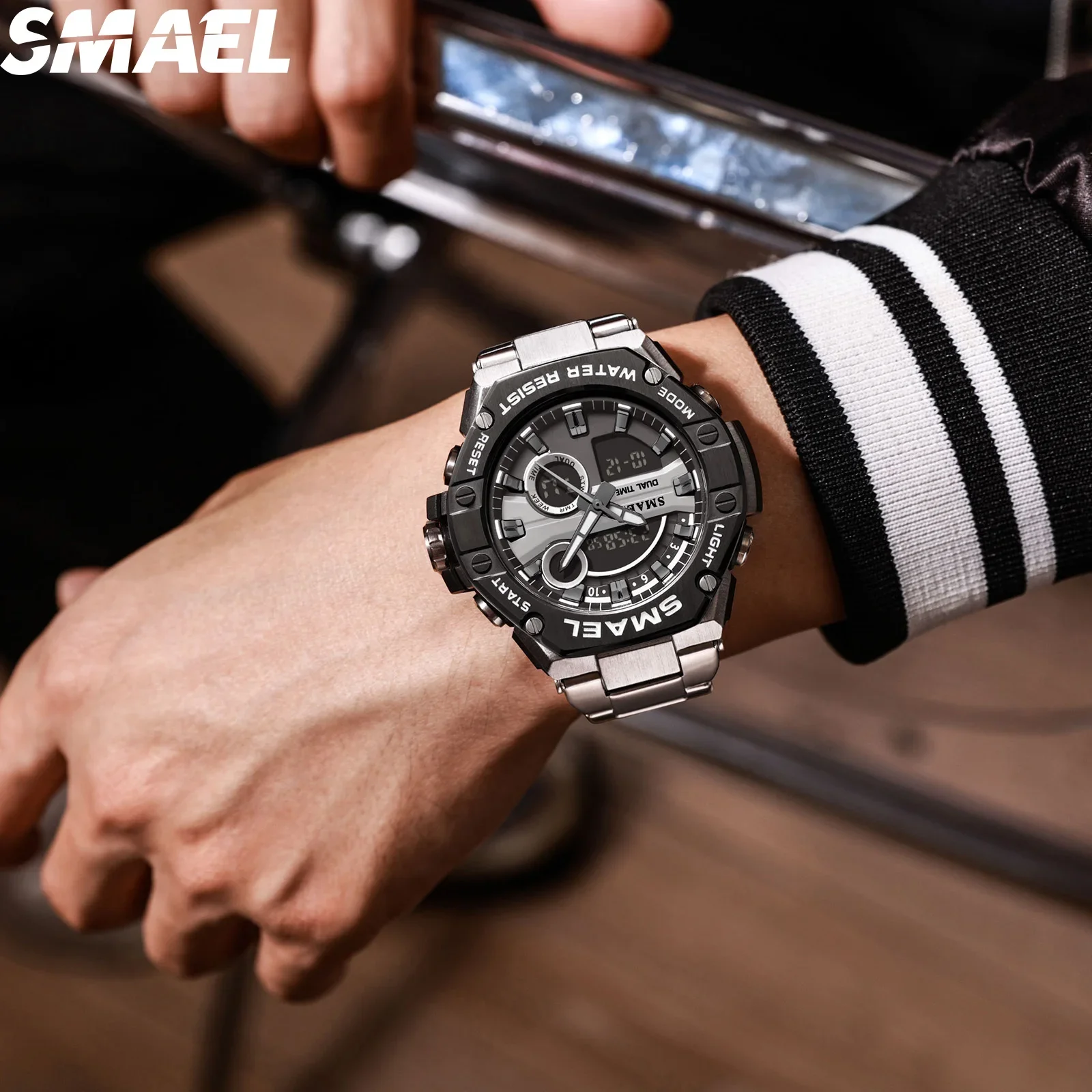 SMAEL 8090  men\'s waterproof alarm clock multifunctional alloy steel strip dual display electronic watch