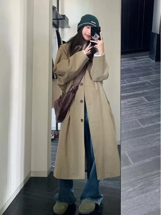 

Korean Sle Women's Mid-Length Coat Spring Autumn New Small Size ular High-End Feeling Anti-Aging Coat Long Sve C...