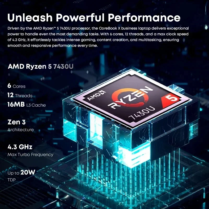 CHUWI CoreBook X كمبيوتر محمول للألعاب AMD R5-7430U 16GB DDR4 RAM 512GB SSD 14.1 بوصة 2K شاشة كمبيوتر محمول خفيف الوزن 4.3 جيجا هرتز ويندوز 11